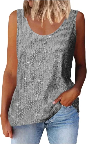 Womens Sequin Tank Top 2025 Summer Glitter Party Tops Sleeveless Crewneck Vegas Festival Shirt Ladies Disco Outfits