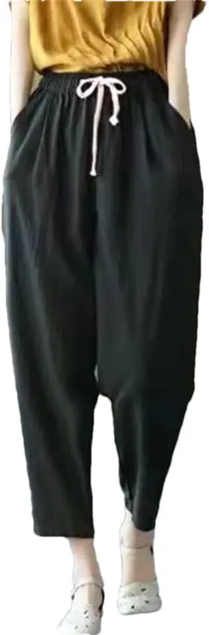 Women's Solid Color Cotton and Linen Pants Retro Loose Street Harem Casual High Waist Drawstring Pants