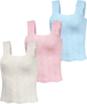 Women's Square Neck Tops Slim Fit Sleeveless Wide Strap Crop Tank Tops Lettuce Trim Crop Cami Tops with Floral Jacquard
