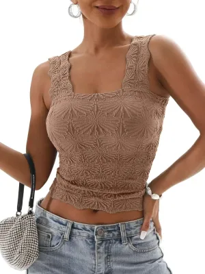 Women's Square Neck Tops Slim Fit Sleeveless Wide Strap Crop Tank Tops Lettuce Trim Crop Cami Tops with Floral Jacquard