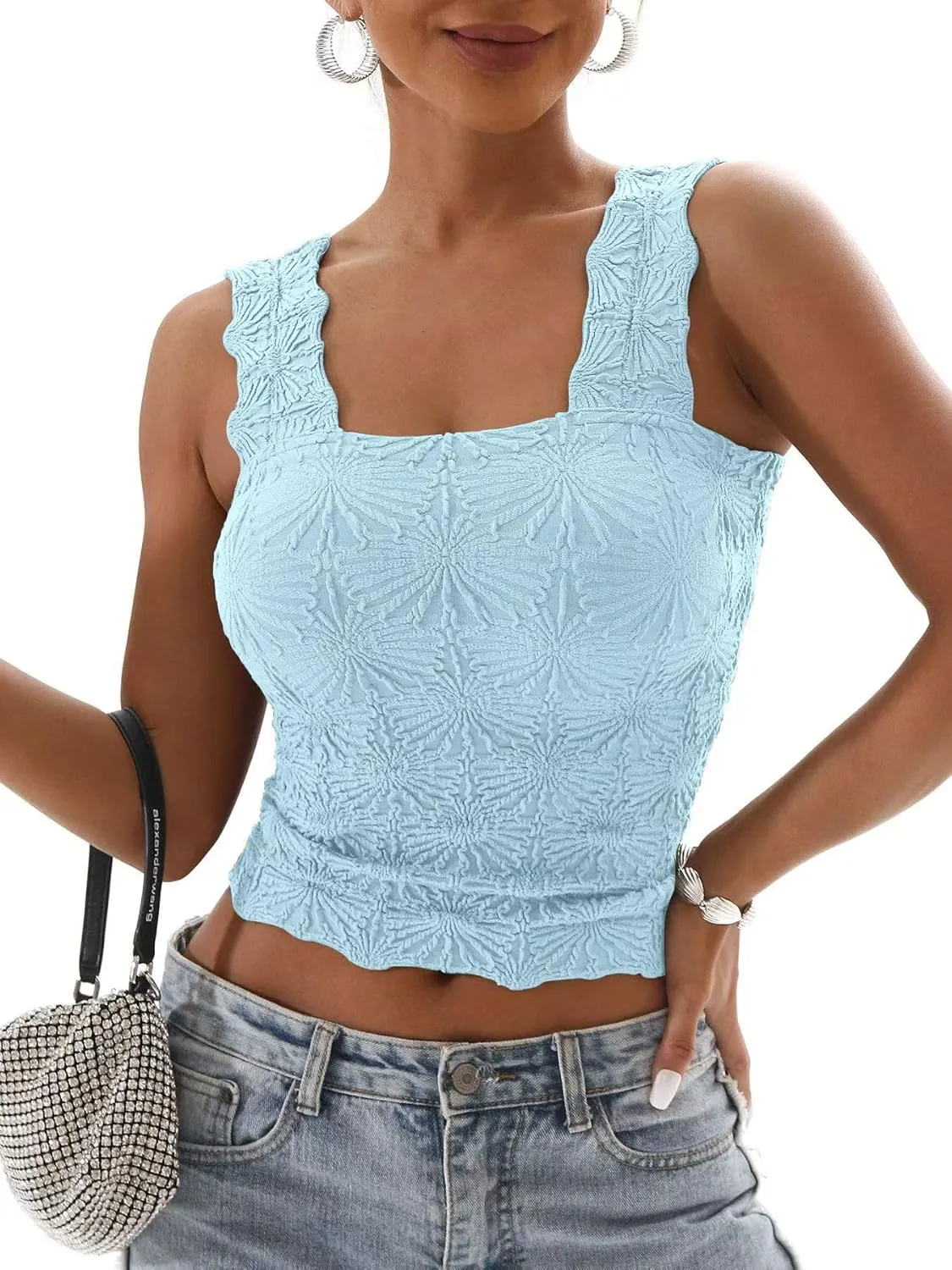 Women's Square Neck Tops Slim Fit Sleeveless Wide Strap Crop Tank Tops Lettuce Trim Crop Cami Tops with Floral Jacquard
