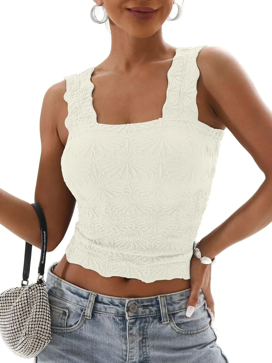 Women's Square Neck Tops Slim Fit Sleeveless Wide Strap Crop Tank Tops Lettuce Trim Crop Cami Tops with Floral Jacquard