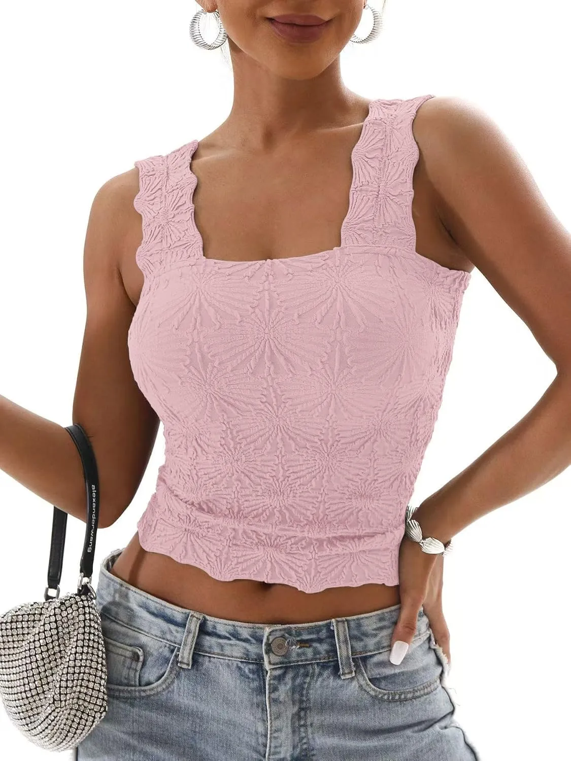 Women's Square Neck Tops Slim Fit Sleeveless Wide Strap Crop Tank Tops Lettuce Trim Crop Cami Tops with Floral Jacquard