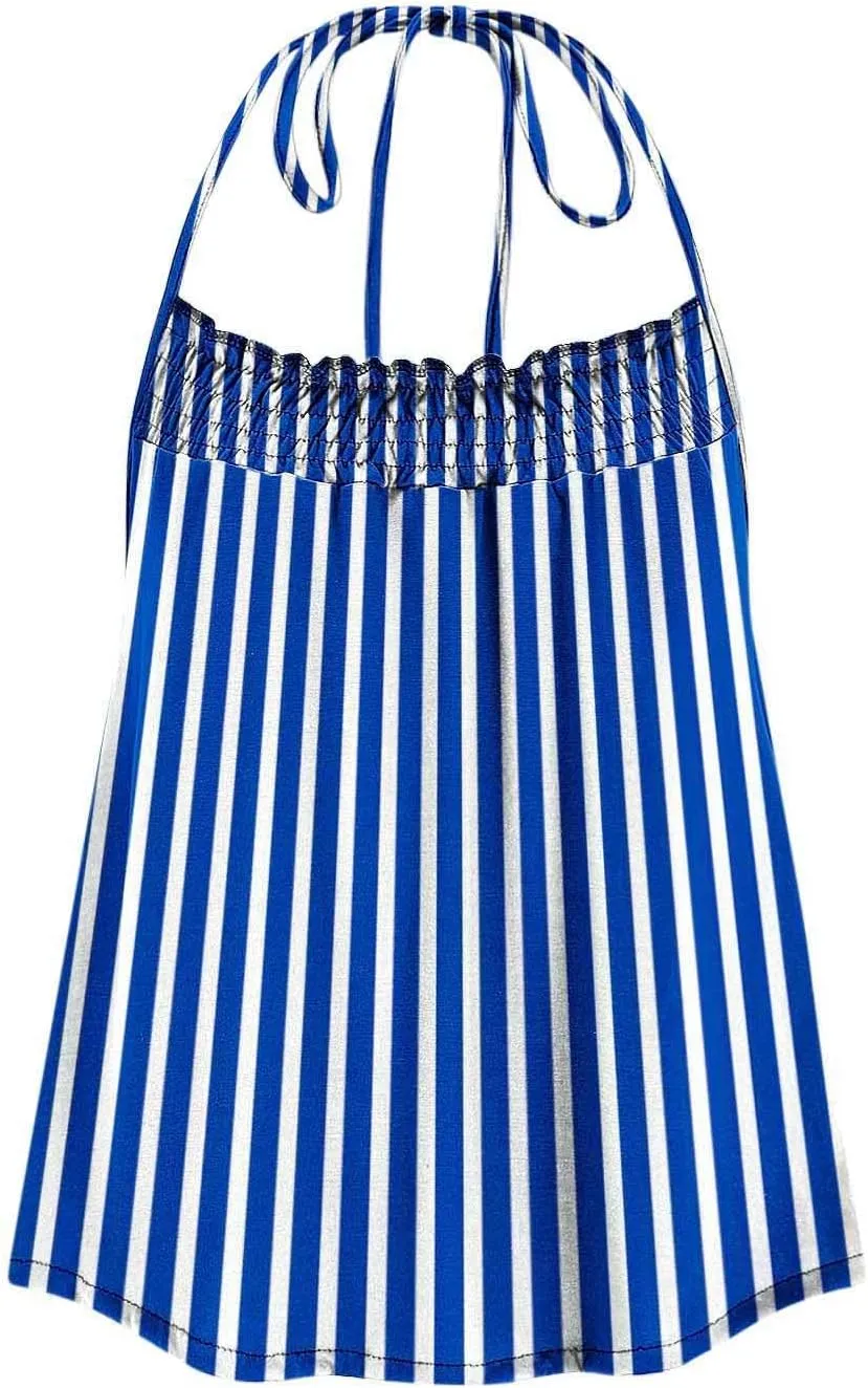 Womens Striped Halter Camisole Cute Sexy Backless Tank Tops Open Back Crop Tops Flowy Vacation Pleated Y2k Tshirts