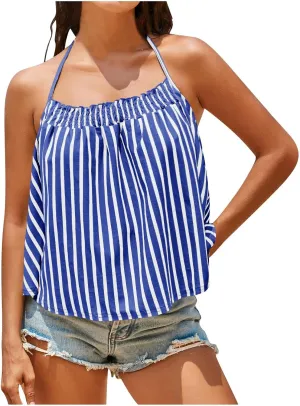 Womens Striped Halter Camisole Cute Sexy Backless Tank Tops Open Back Crop Tops Flowy Vacation Pleated Y2k Tshirts
