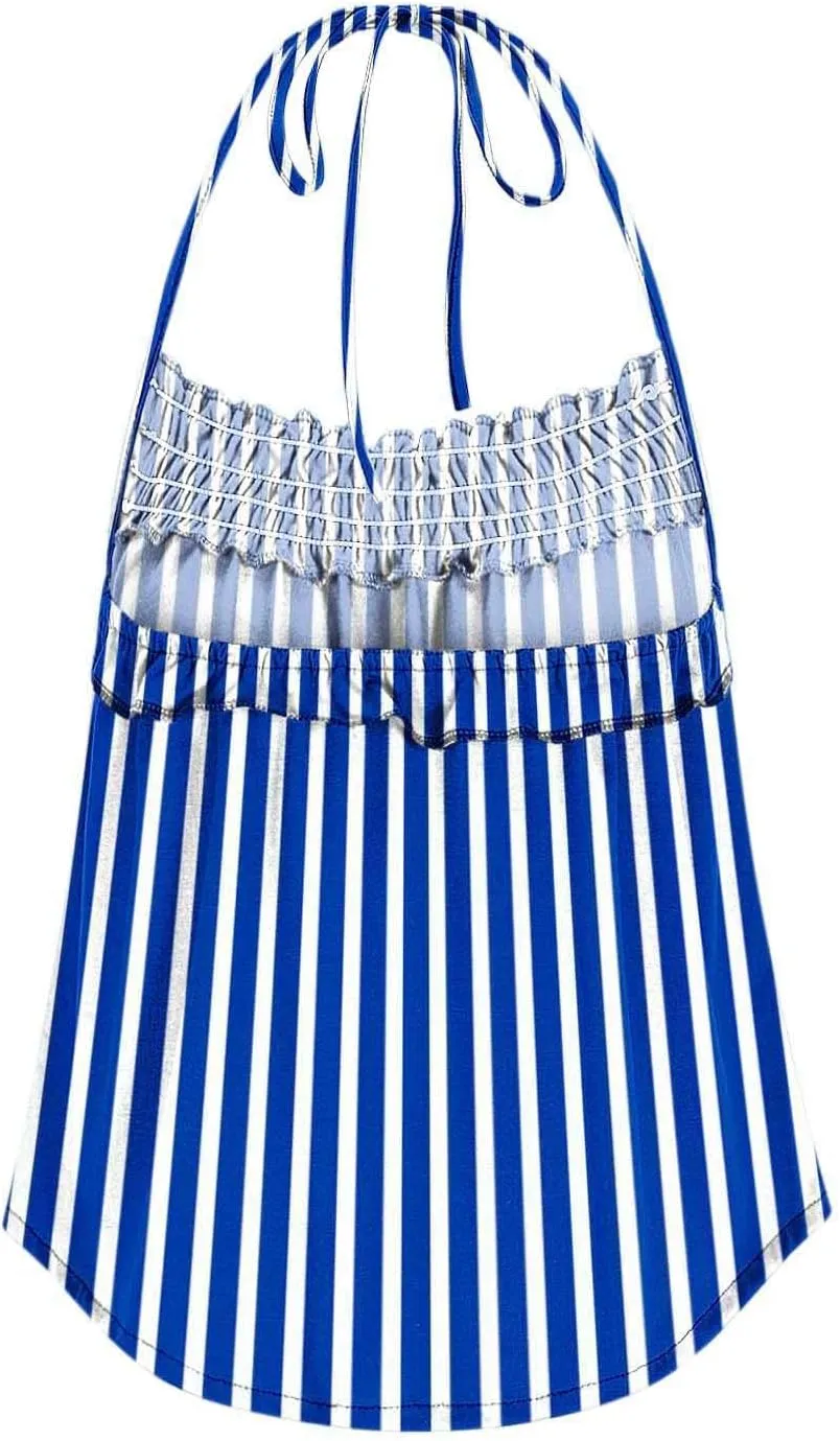 Womens Striped Halter Camisole Cute Sexy Backless Tank Tops Open Back Crop Tops Flowy Vacation Pleated Y2k Tshirts