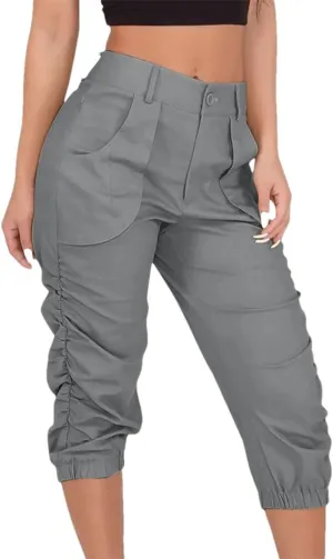 Womens Summer Cropped Cargo Pants Cropped Trousers Harem Jogging Beam Foot Fitness Pocket Loose Short Pants