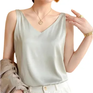 Women's Summer Ice Silk Camisole V-Neck Tops Satin Camis Crop Top Solid Blouse Vest Bean Paste EN8 L