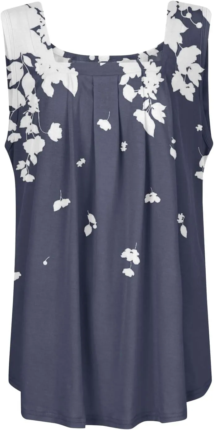 Womens Summer Tops Plus Size Sleeveless Causal Printed Square Neck Comfort Pleated Tank Tops for Women