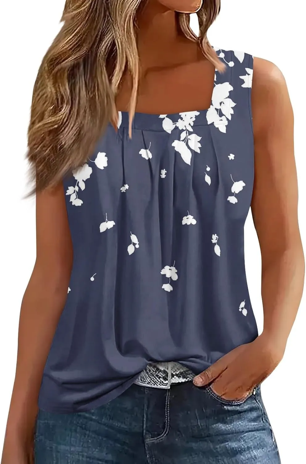 Womens Summer Tops Plus Size Sleeveless Causal Printed Square Neck Comfort Pleated Tank Tops for Women