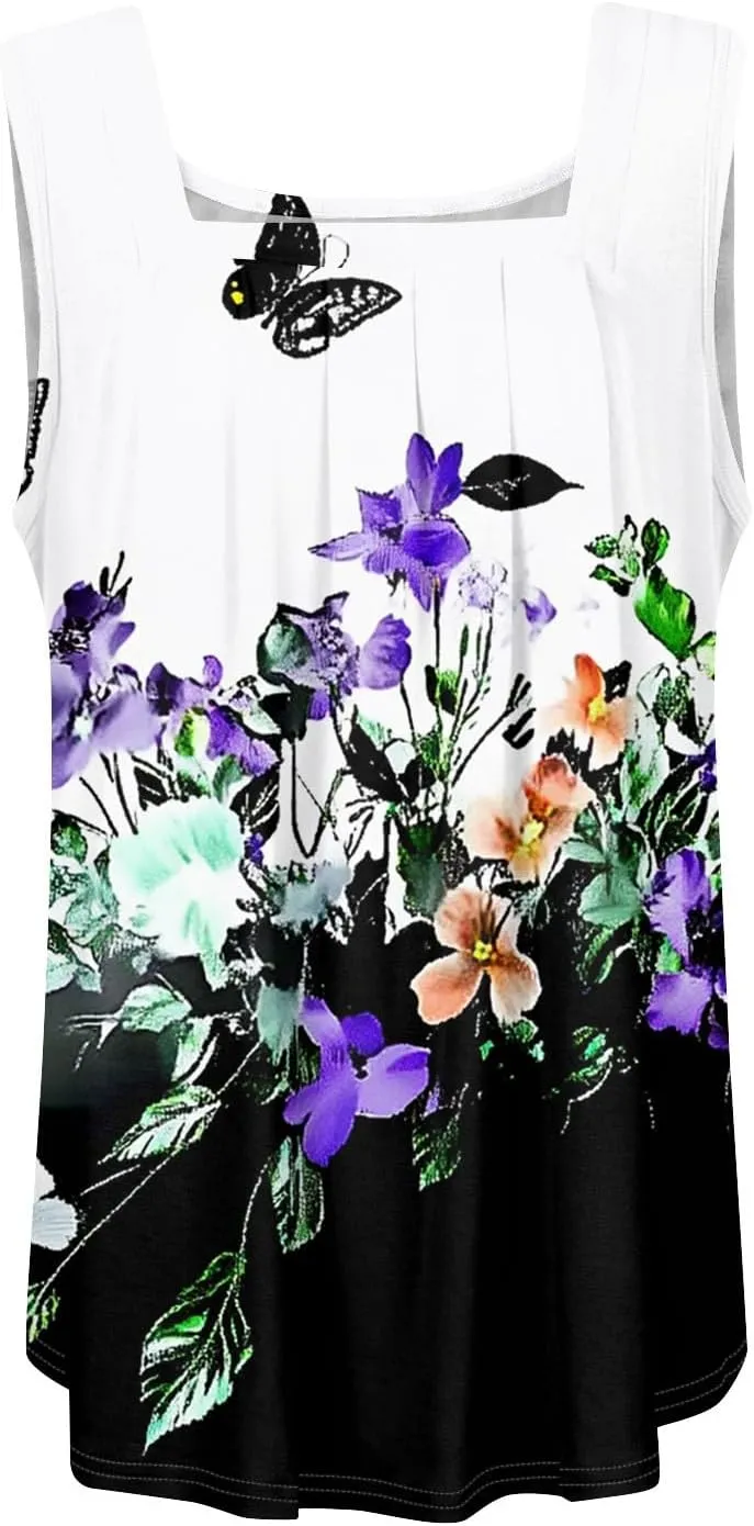 Womens Summer Tops Plus Size Sleeveless Causal Printed Square Neck Comfort Pleated Tank Tops for Women