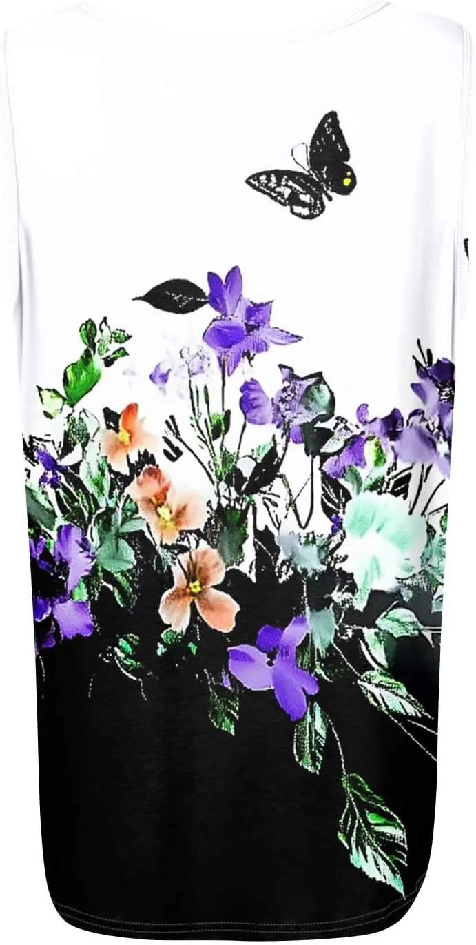 Womens Summer Tops Plus Size Sleeveless Causal Printed Square Neck Comfort Pleated Tank Tops for Women