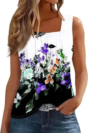 Womens Summer Tops Plus Size Sleeveless Causal Printed Square Neck Comfort Pleated Tank Tops for Women