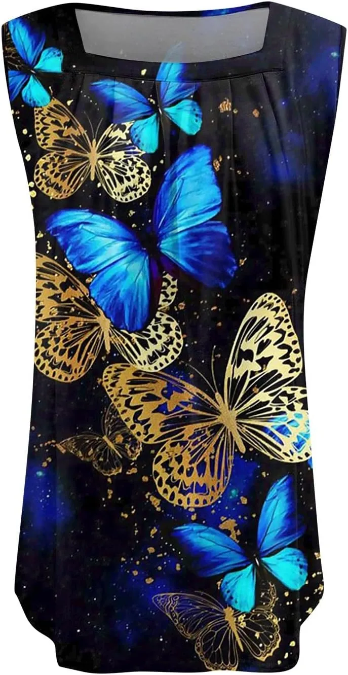Womens Summer Tops Plus Size Sleeveless Causal Printed Square Neck Comfort Pleated Tank Tops for Women