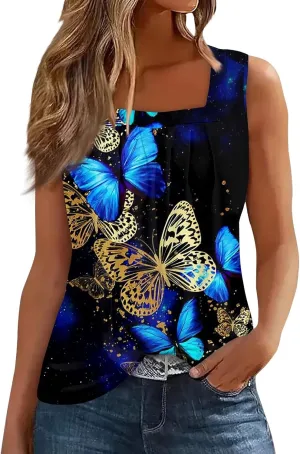 Womens Summer Tops Plus Size Sleeveless Causal Printed Square Neck Comfort Pleated Tank Tops for Women