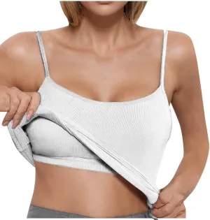 Women's Tank Top With Built In Bra Ribbed Knit Layer Shelf Bra Camisoles Spaghetti Strap Yoga Basic Cami Undershirts