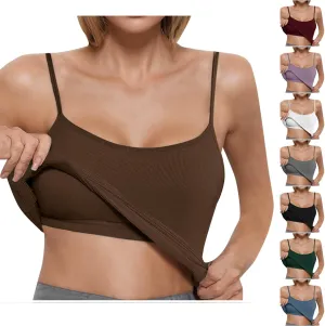 Women's Tank Top With Built In Bra Ribbed Knit Layer Shelf Bra Camisoles Spaghetti Strap Yoga Basic Cami Undershirts