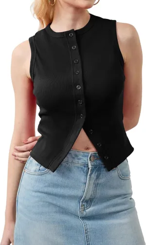 Womens Tank Tops Button Up Ribbed Tank Tops for Women Sleeveless Cropped Tank Tops for Women Going Out Tops