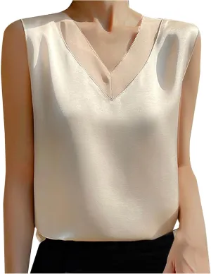 Womens Tank Tops V Neck Casual Silk Satin Cami Top Sleeveless Camisole Dressy Casual Blouses Summer Basic Tanks