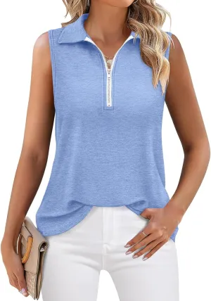 Womens Tank Tops Zipper V Neck Sleeveless Tops Dressy Casual Summer Tops Polo Shirts