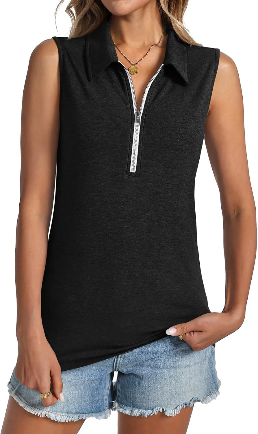 Womens Tank Tops Zipper V Neck Sleeveless Tops Dressy Casual Summer Tops Polo Shirts