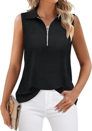 Womens Tank Tops Zipper V Neck Sleeveless Tops Dressy Casual Summer Tops Polo Shirts