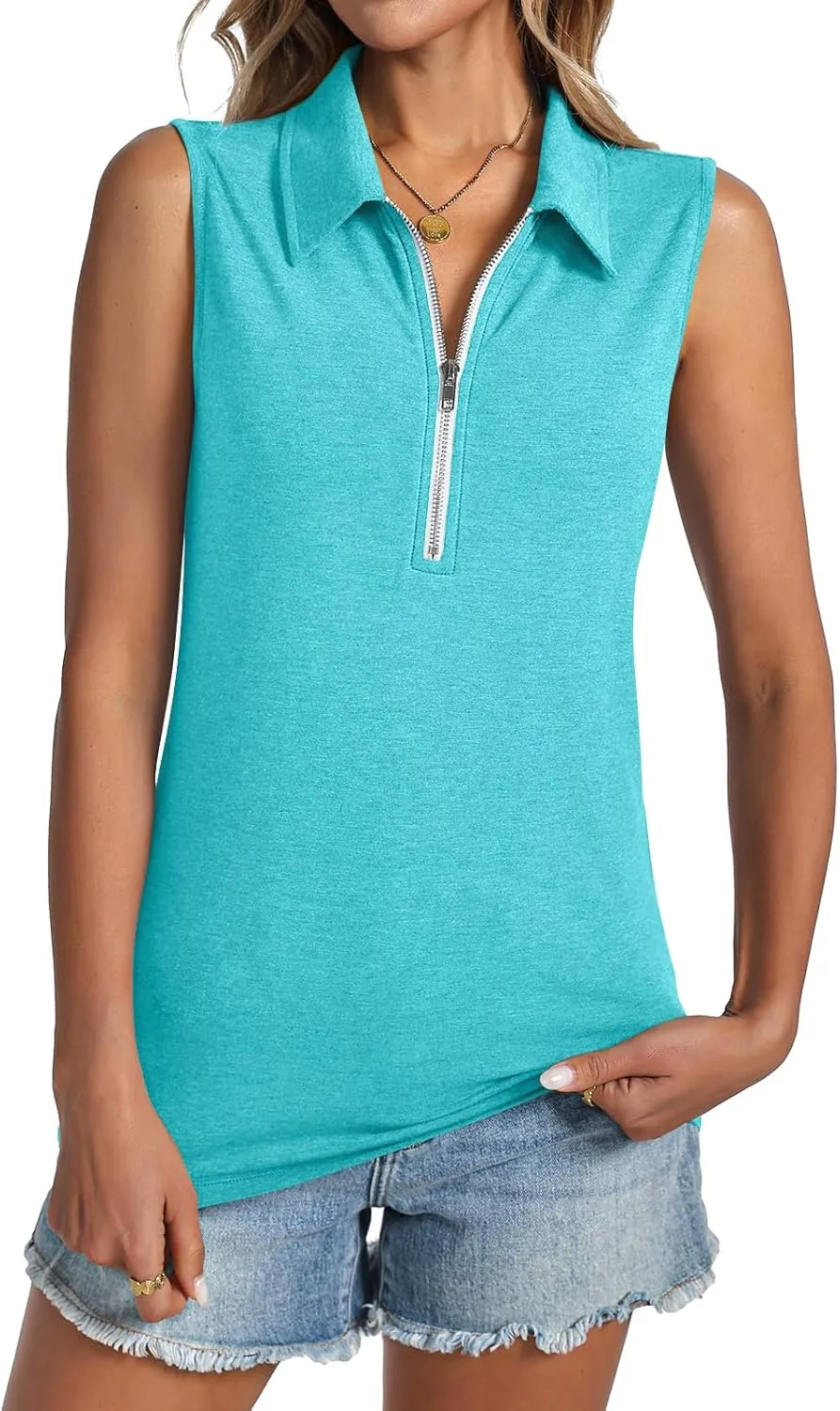 Womens Tank Tops Zipper V Neck Sleeveless Tops Dressy Casual Summer Tops Polo Shirts