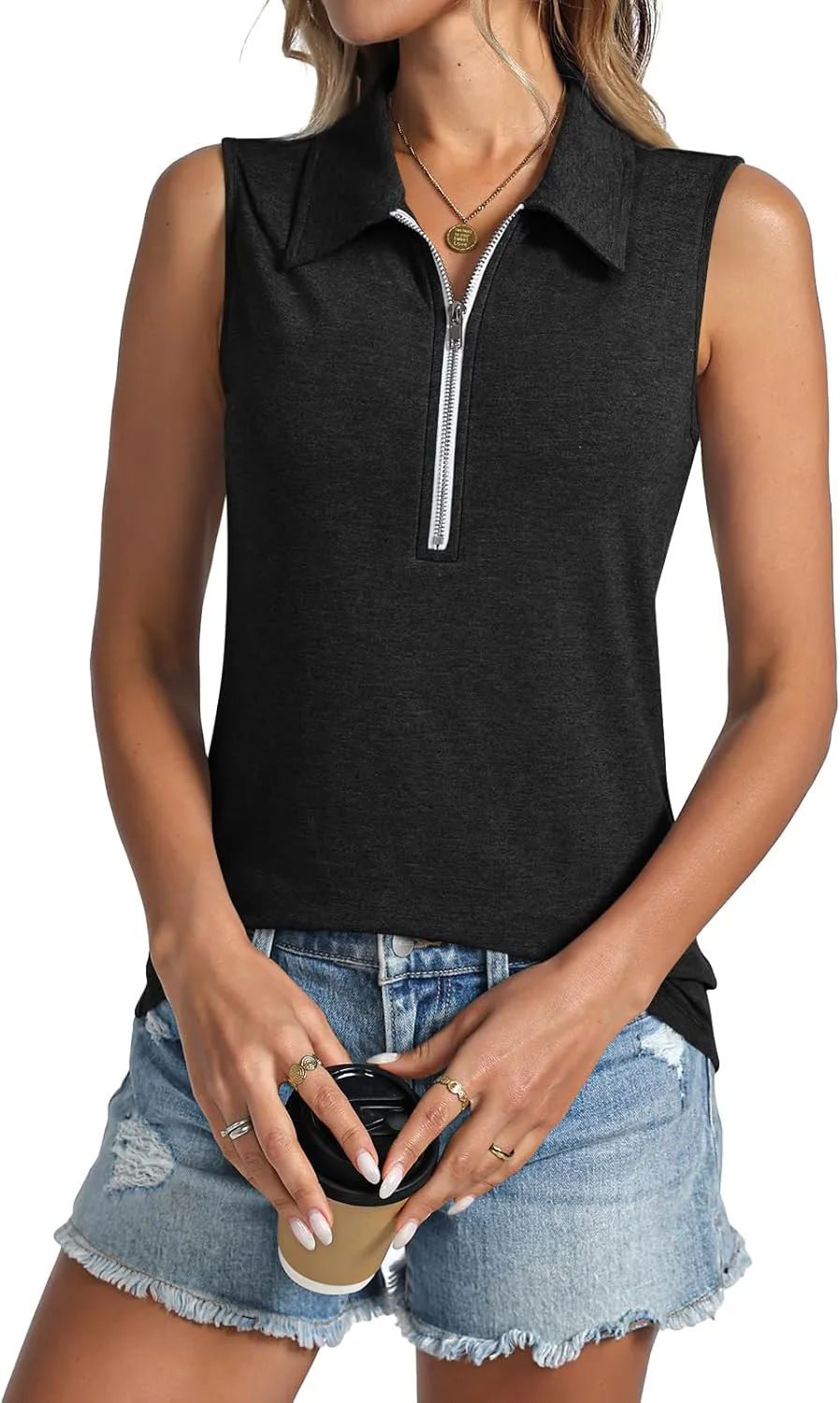 Womens Tank Tops Zipper V Neck Sleeveless Tops Dressy Casual Summer Tops Polo Shirts