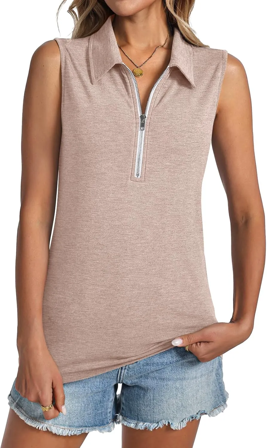 Womens Tank Tops Zipper V Neck Sleeveless Tops Dressy Casual Summer Tops Polo Shirts
