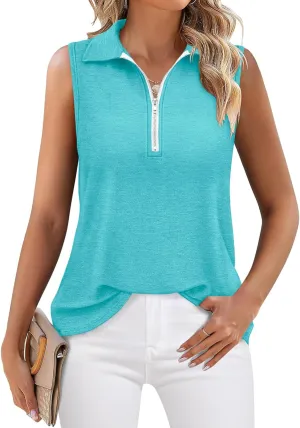 Womens Tank Tops Zipper V Neck Sleeveless Tops Dressy Casual Summer Tops Polo Shirts