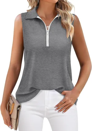 Womens Tank Tops Zipper V Neck Sleeveless Tops Dressy Casual Summer Tops Polo Shirts
