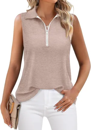 Womens Tank Tops Zipper V Neck Sleeveless Tops Dressy Casual Summer Tops Polo Shirts