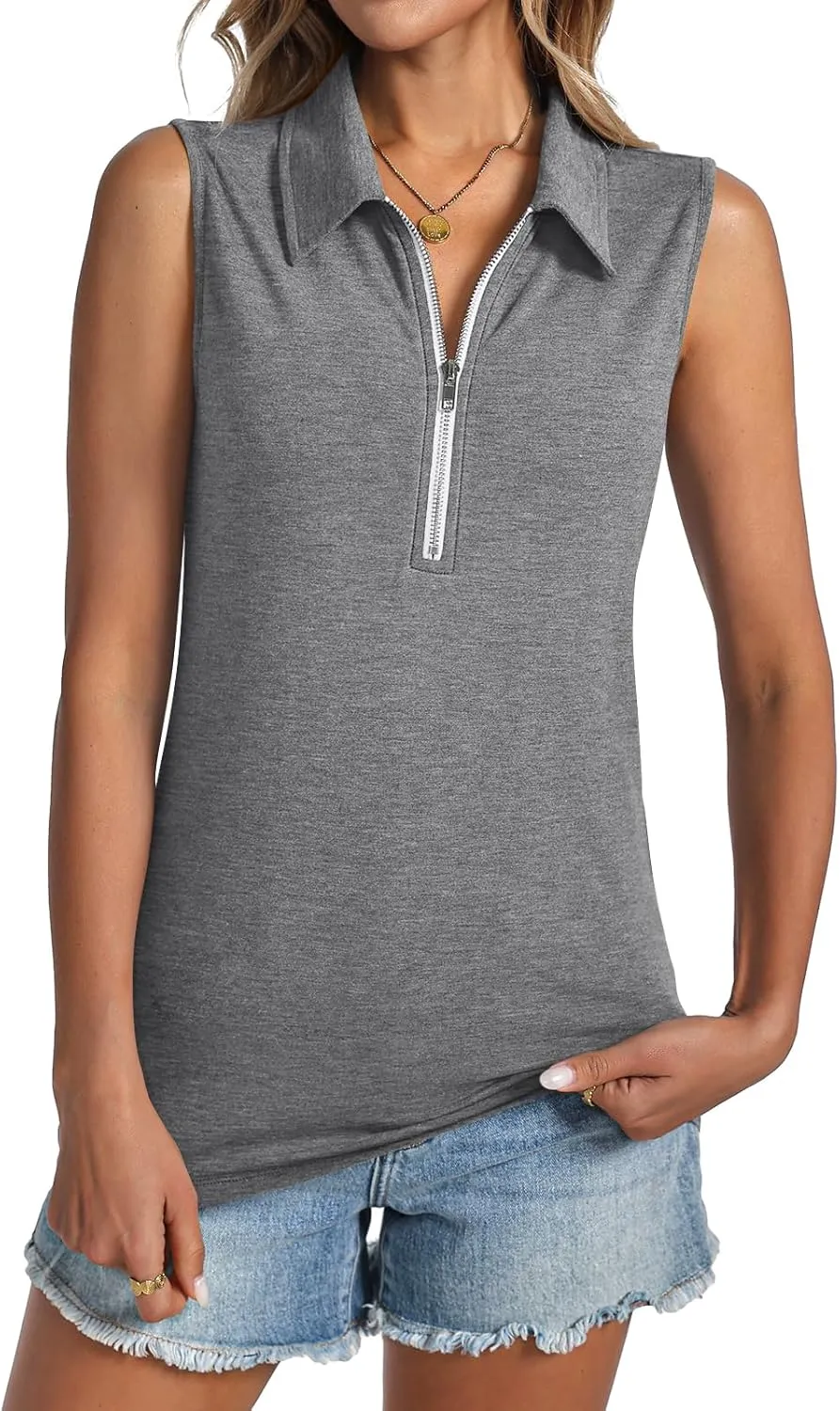 Womens Tank Tops Zipper V Neck Sleeveless Tops Dressy Casual Summer Tops Polo Shirts
