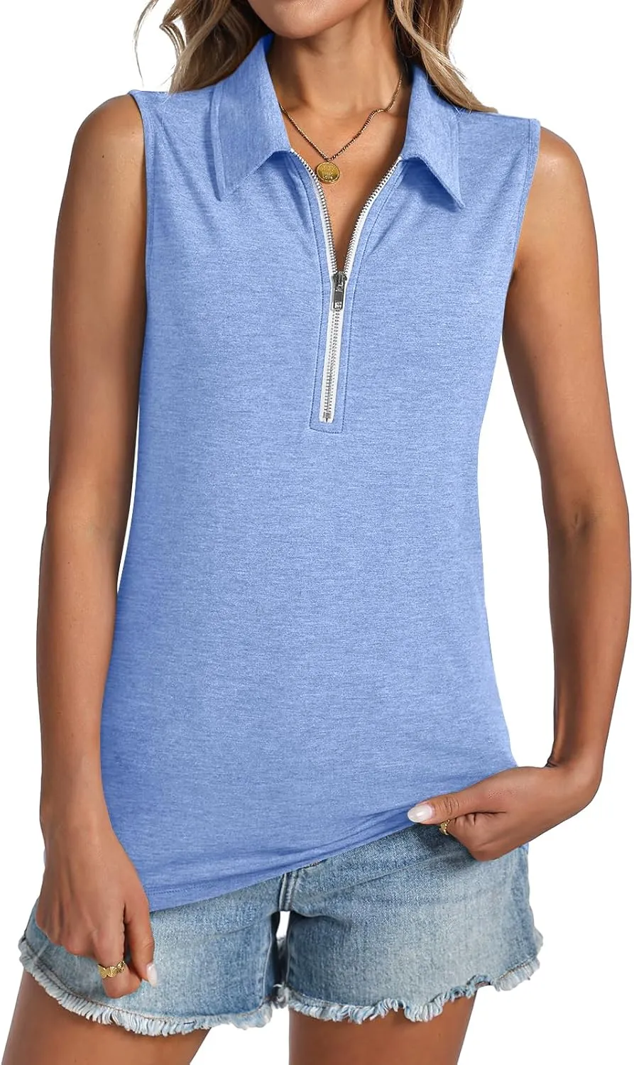 Womens Tank Tops Zipper V Neck Sleeveless Tops Dressy Casual Summer Tops Polo Shirts