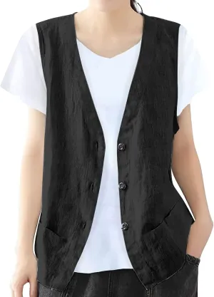 Womens Vest 2023 Summer Cotton Linen Vest Top Vintage Casual Sleeveless Button Down Jacket Loose Vests Outerwear
