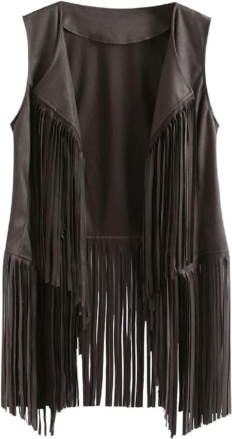 Womens Vintage Western Fringe Vest Tops 70s Hippie Costume Sleeveless Cowgirl Cowboy Faux Suede Tassel Shirt