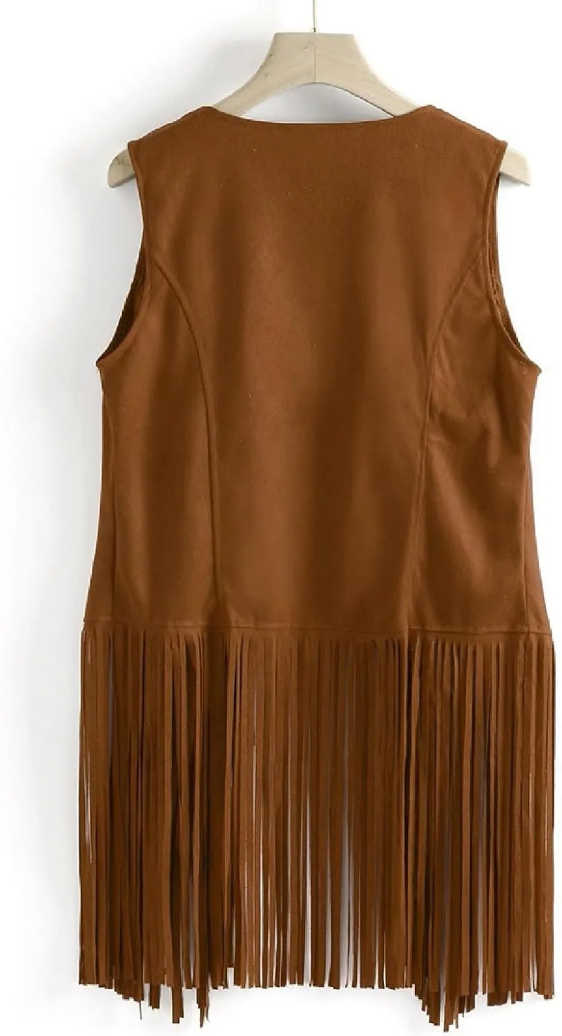 Womens Vintage Western Fringe Vest Tops 70s Hippie Costume Sleeveless Cowgirl Cowboy Faux Suede Tassel Shirt