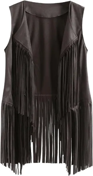 Womens Vintage Western Fringe Vest Tops 70s Hippie Costume Sleeveless Cowgirl Cowboy Faux Suede Tassel Shirt