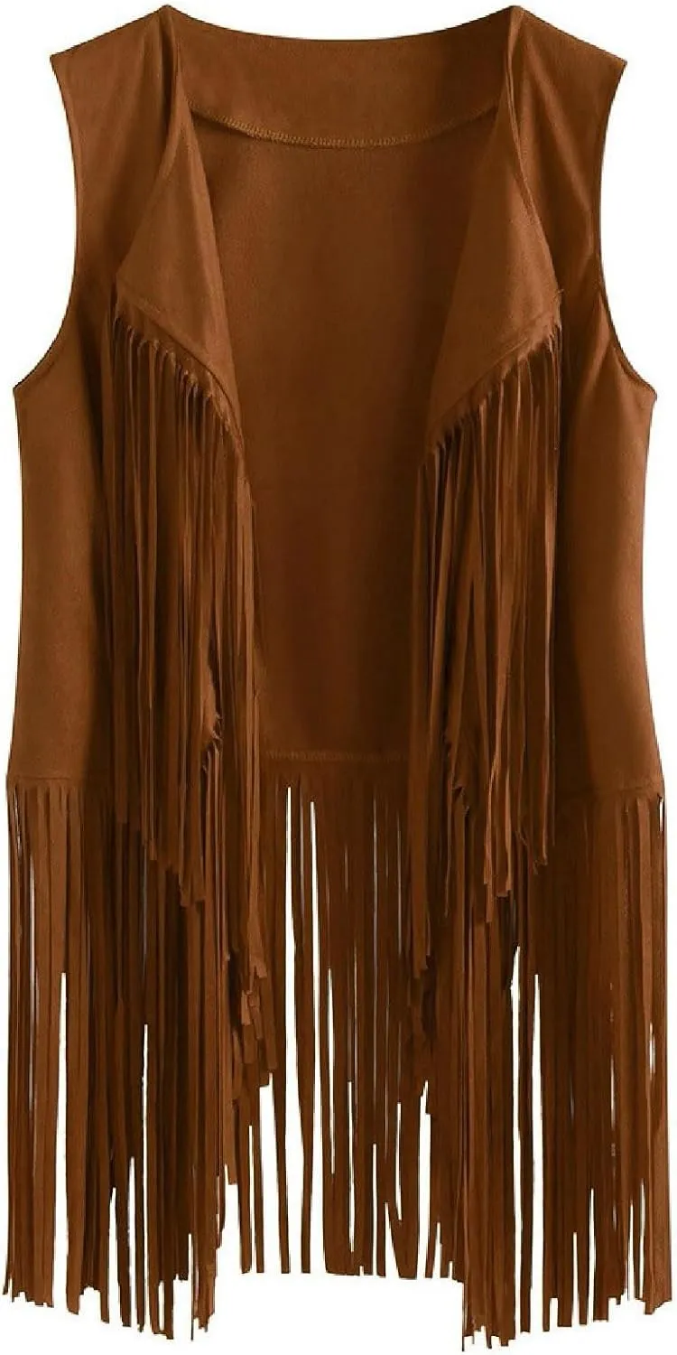Womens Vintage Western Fringe Vest Tops 70s Hippie Costume Sleeveless Cowgirl Cowboy Faux Suede Tassel Shirt
