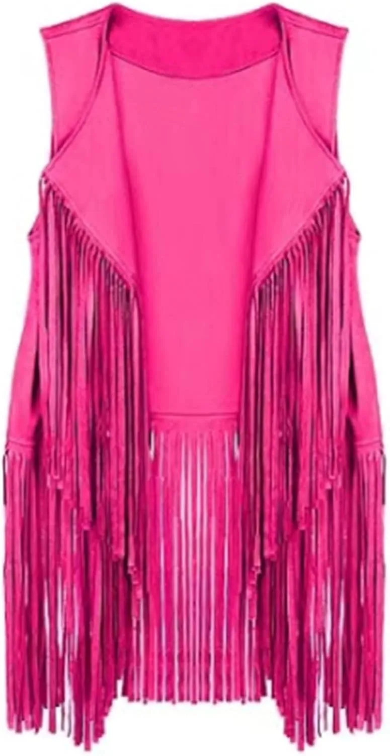 Womens Vintage Western Fringe Vest Tops 70s Hippie Costume Sleeveless Cowgirl Cowboy Faux Suede Tassel Shirt