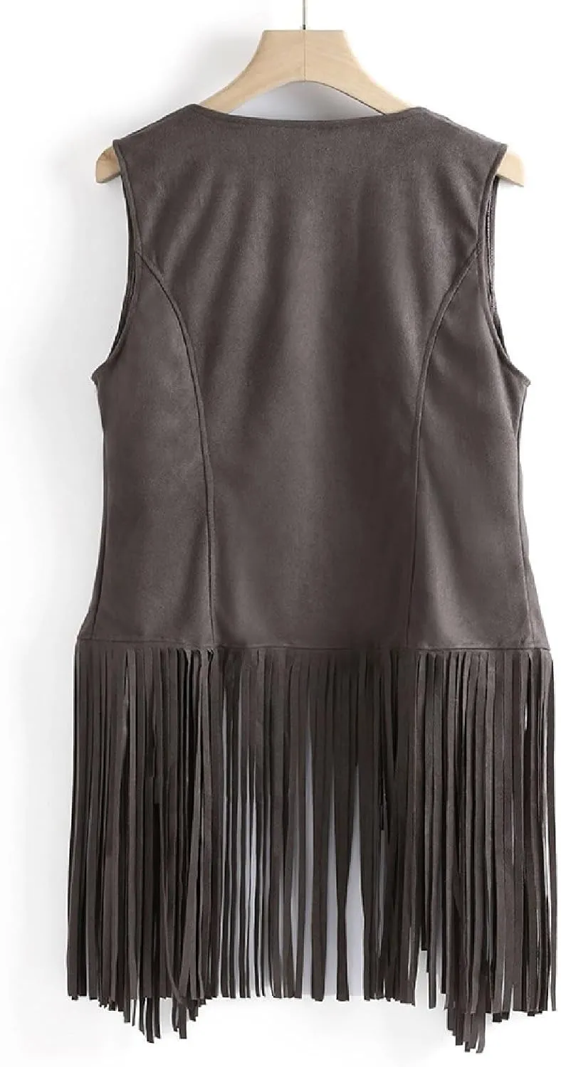 Womens Vintage Western Fringe Vest Tops 70s Hippie Costume Sleeveless Cowgirl Cowboy Faux Suede Tassel Shirt