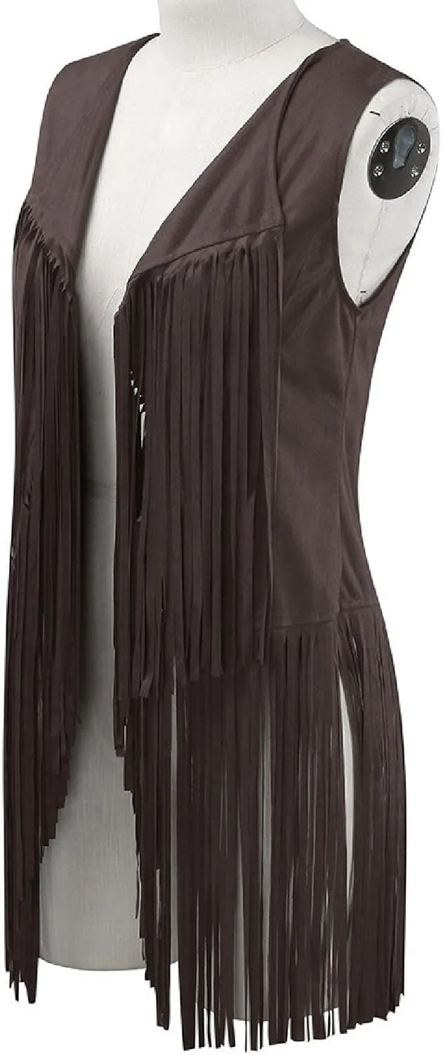 Womens Vintage Western Fringe Vest Tops 70s Hippie Costume Sleeveless Cowgirl Cowboy Faux Suede Tassel Shirt