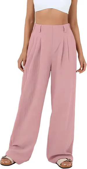 Women's Wide Leg Pants High Rise Lounge Pants Elastic Waist Solid Color Loose Trousers with Pockets