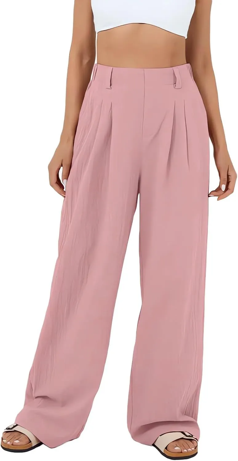 Women's Wide Leg Pants High Rise Lounge Pants Elastic Waist Solid Color Loose Trousers with Pockets