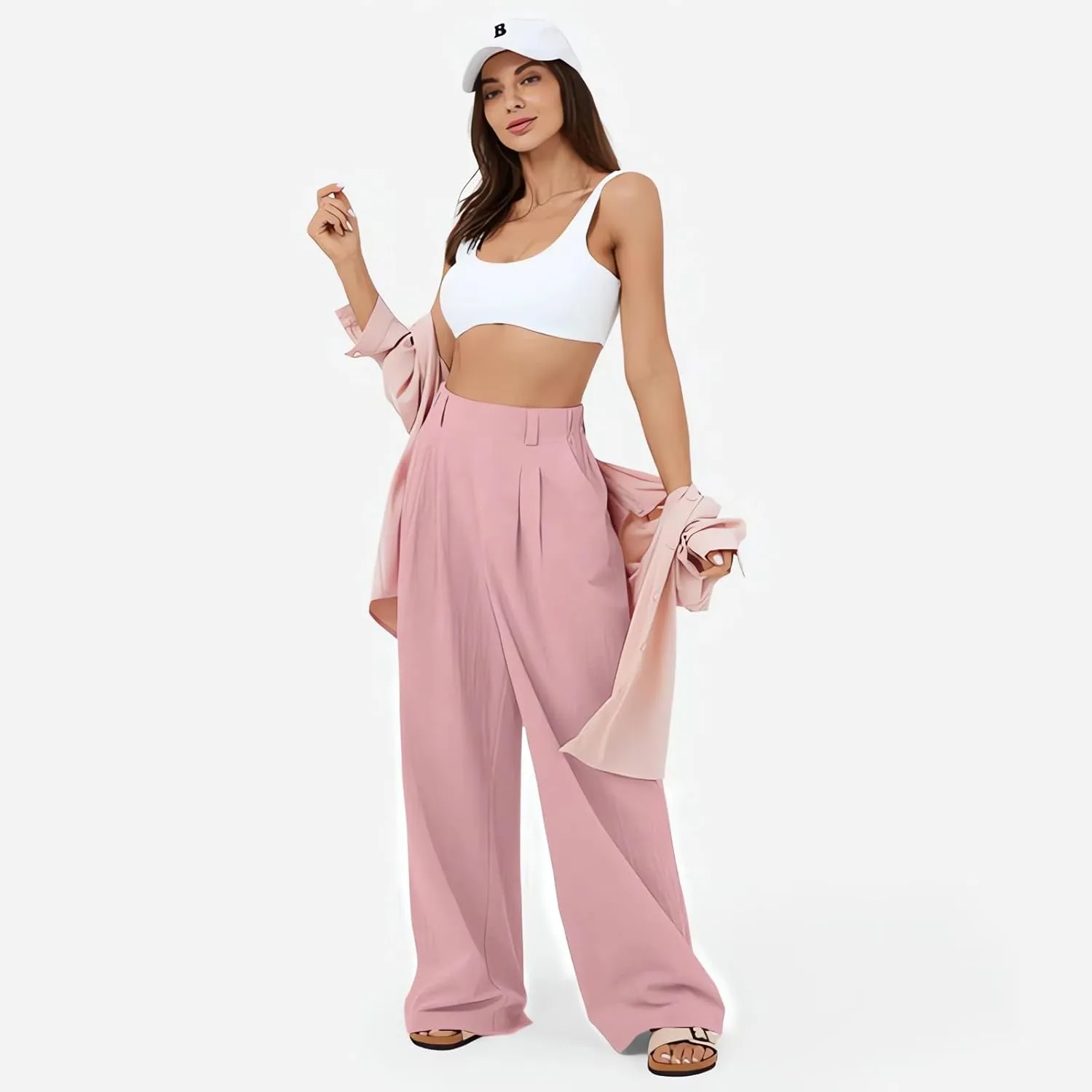 Women's Wide Leg Pants High Rise Lounge Pants Elastic Waist Solid Color Loose Trousers with Pockets