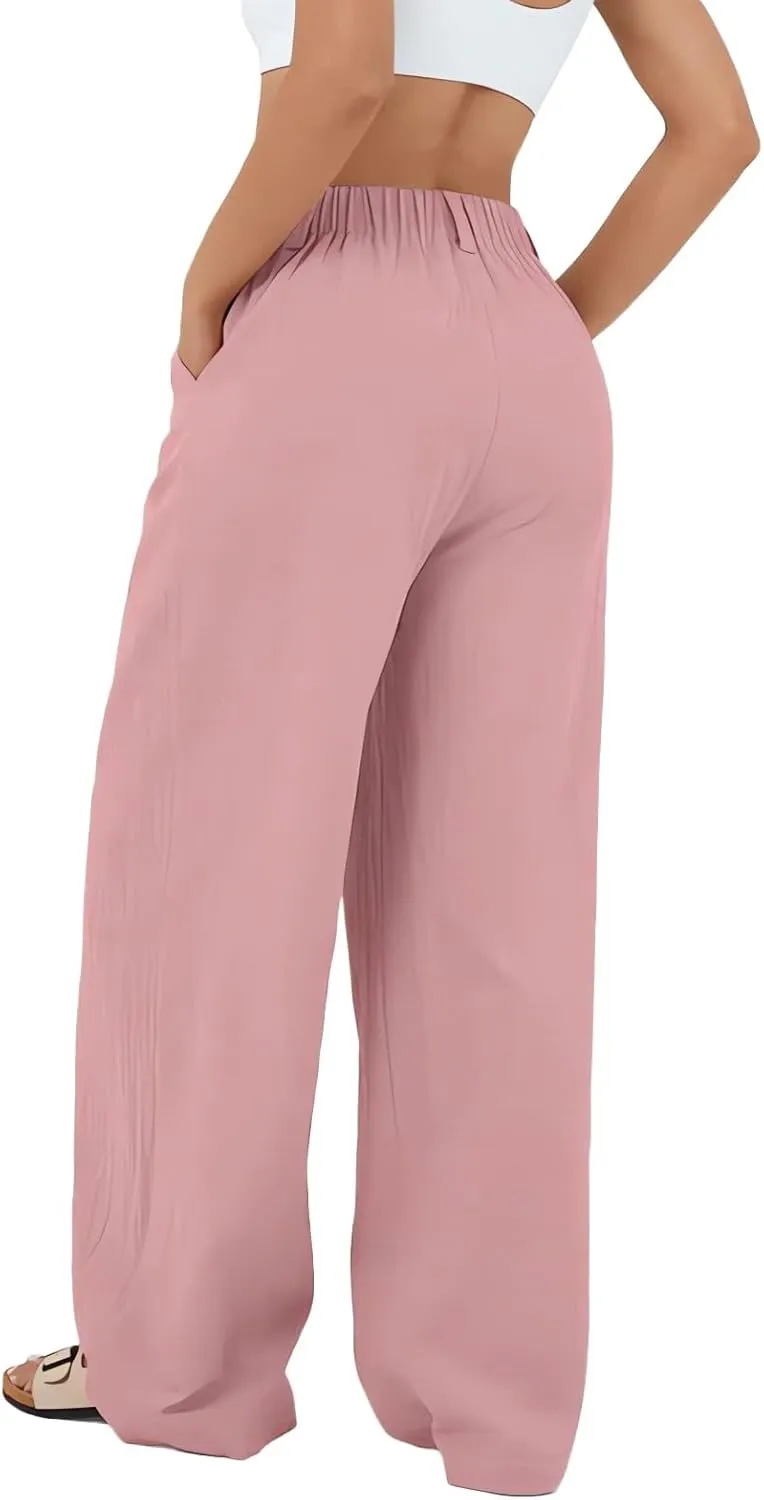 Women's Wide Leg Pants High Rise Lounge Pants Elastic Waist Solid Color Loose Trousers with Pockets