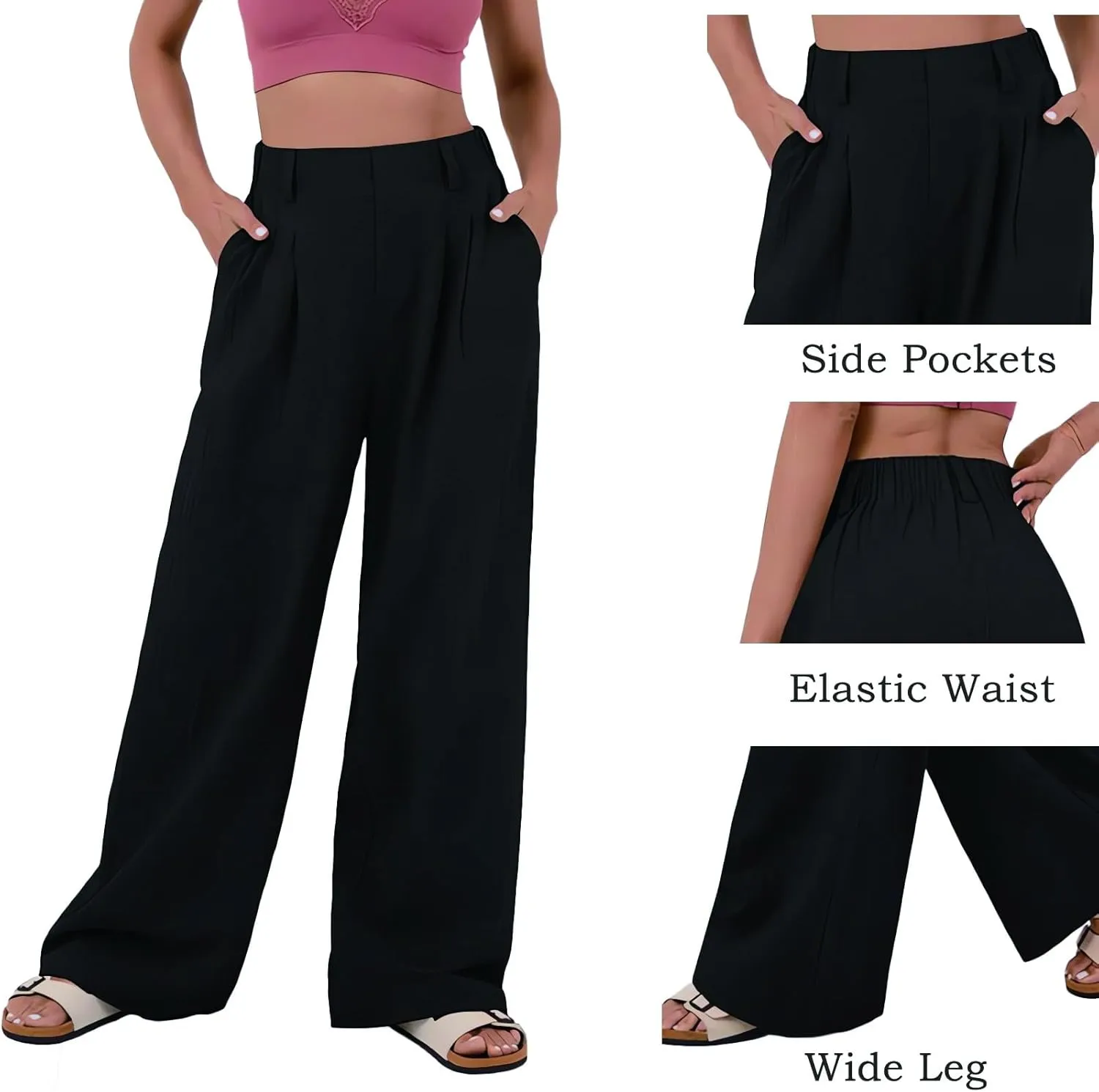 Women's Wide Leg Pants High Rise Lounge Pants Elastic Waist Solid Color Loose Trousers with Pockets