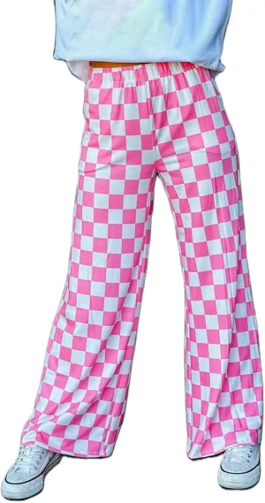 Womens Y2K Checkered Wide Leg Pants High Elastic Waist Plaid Straight Loose Fit Lounge Trouser Going Out Streetwear