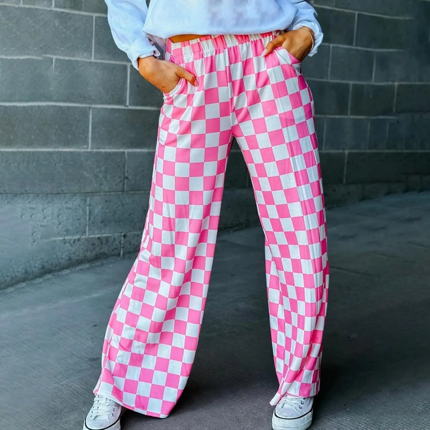 Womens Y2K Checkered Wide Leg Pants High Elastic Waist Plaid Straight Loose Fit Lounge Trouser Going Out Streetwear