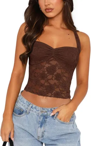Women's Y2K Lace Halter Tops Sexy See Through Tank Crop Top Going Out Tops Trendy Basic Camisole Tops Streetwear